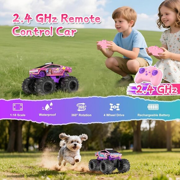 Remote Control Car 1:18 Pink Monster Truck 4WD Waterproof RC Off-Road Pickup 6+ - Picture 3 of 8